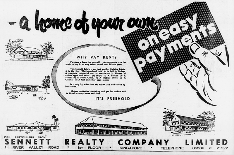An advertisement listing Sennett Estate’s proposed amenities such as shops, a market, a school, a cinema and even medical and dental clinics. Image reproduced from the Straits Times, 7 October 1951, 15. (From NewspaperSG).